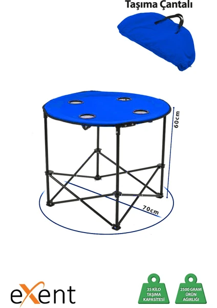 70 x 60 cm Yuvarlak Katlanır Taşıma Çantalı Kamp Masası, Piknik Masası-Mavi