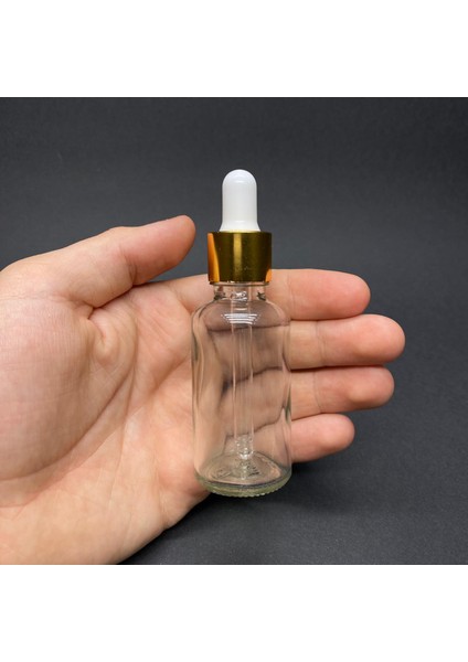 30ML Şeffaf Cam Damlalıklı Şişe , Gold Metalik Kapak , 30 cc Saydam Cam Damlalıklı Şişe x 6 Adet