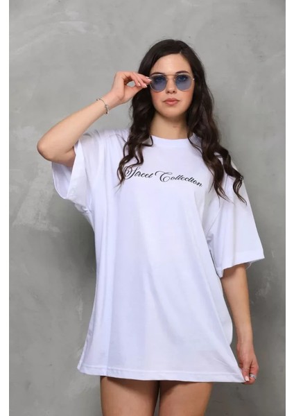 Unisex Bisiklet Yaka Baskılı Oversize T-Shirt - Beyaz