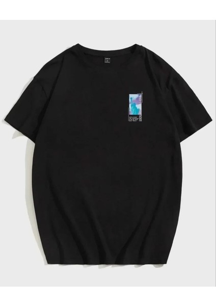 Unisex Baskılı Oversize T-Shirt - Siyah