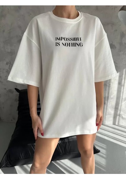 Unisex Bisiklet Yaka Baskılı Oversize T-Shirt - Beyaz