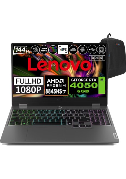 Loq 15AHP9 Amd Ryzen 7 8845HS Ddr5 64GB 512GB SSD RTX4050-6GB 300NITS 15.6" 144Hz Fhd Windows 11 Pro Taşınabilir Bilgisayar 83DX0093TRP09 + Zetta Çanta