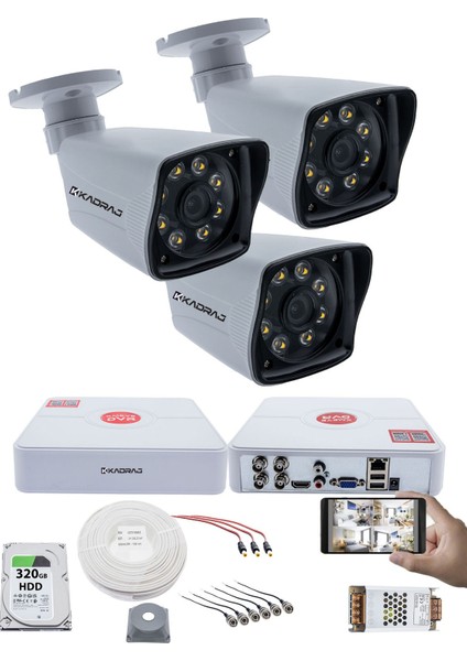 3 Kameralı Set 5mp Sony Seculensli 1080P Full Hd 8 Ultra Warm LED Ahd Güvenlik Kamerası Seti - Gece Renkli, Colorvu Teknolojisi, Plastik Kasa