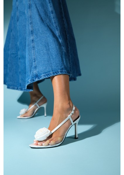 Aısne Beyaz Saten Çiçekli Şeffaf Kadın Ince Topuklu Ayakkabı modelleri