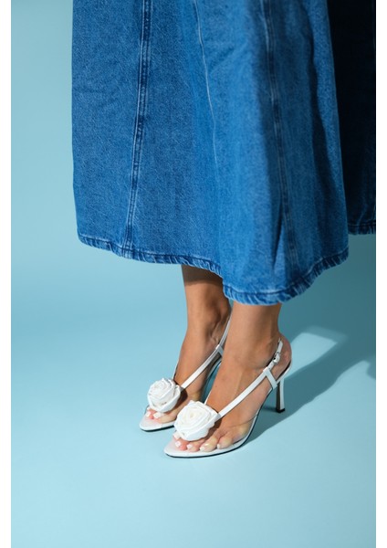 Aısne Beyaz Saten Çiçekli Şeffaf Kadın Ince Topuklu Ayakkabı indirimleri