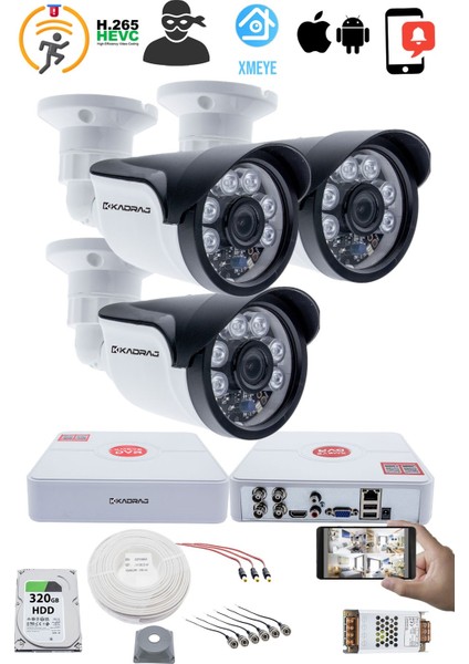 3 Kameralı Set - 5mp Sony Seculens, 1080P Full Hd Ahd, Gece Görüşlü, 6 Atom Led, IP66 Plastik Kasa