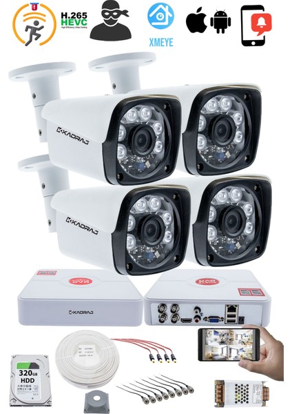 4 Kameralı Set Kadraj 5mp Sony Seculensli 1080P Full Hd Ahd 6 Atom LED Güvenlik Kamerası Seti - Metal Aluminyum Kasa, Su Geçirmez