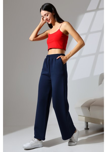 Şardonlu Penye Kompakt Paçası Geniş Kışlık Palazzo Eşofman Altı 21776 Lacivert