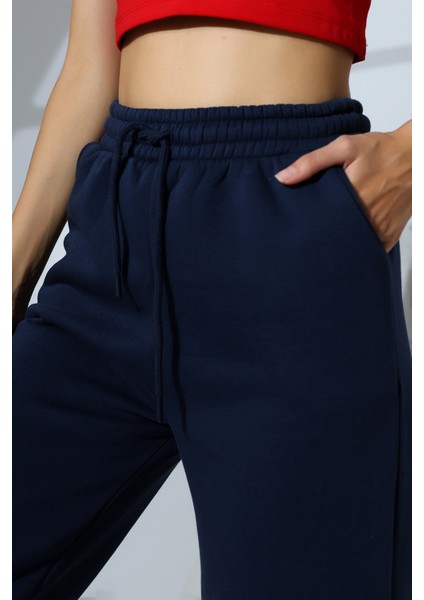 Şardonlu Penye Kompakt Paçası Geniş Kışlık Palazzo Eşofman Altı 21776 Lacivert modelleri