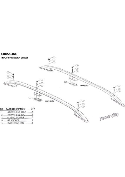 Car Dizayn Vw Volkswagen Caddy 2 2010 - 2019 Kısa Şase -  Renk  - Gri - Siyah -  Alüminyum Üst Port Bagaj Tavan Çıtası