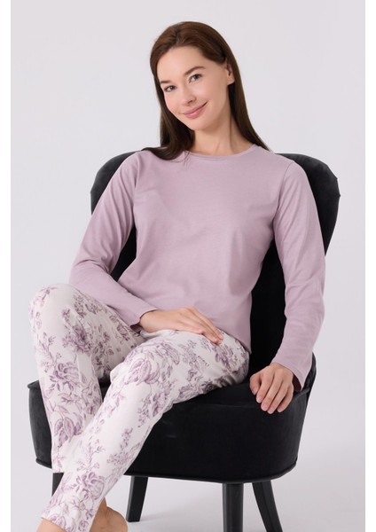 Kadın Lila Uzunkol Mevsimlik Pijama Takım, Üst Düz Alt Çiçek Baskılı fiyatları