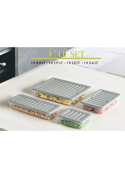 4'lü Set Freshbox Mikrodalga ve Difrize Uygun Saklama Kabı Gri