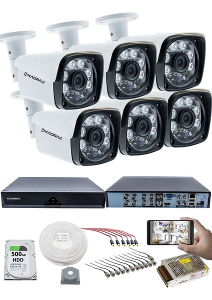 6 Kameralı Set 5mp Sony Seculensli 1080P Full Hd, 6 Atom Led, ahd Güvenlik Kamerası Seti, gece Görüşlü, Metal Kasa