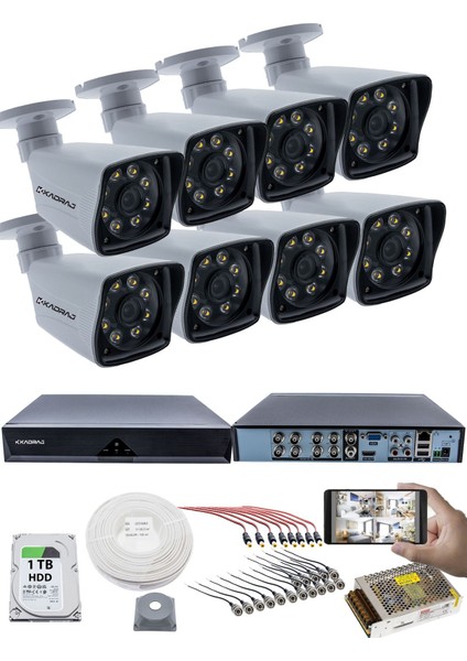 8 Kameralı Güvenlik Kamerası Seti - 5mp Sony Seculensli 1080P Full Hd Ahd, 8 Ultra Warm Led, Gece Renkli Görüşlü, Plastik Kasa