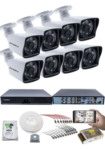 8 Kameralı Güvenlik Kamerası Seti - 5mp Sony Seculensli 1080P Full Hd Ahd, 6 Atom Led, Gece Görüşlü, IP66 Su Geçirmez, Plastik Kasa