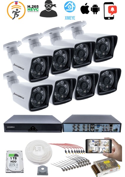 8 Kameralı Güvenlik Kamerası Seti - 5mp Sony Seculensli 1080P Full Hd Ahd, 6 Atom Led, Gece Görüşlü, IP66 Su Geçirmez, Plastik Kasa