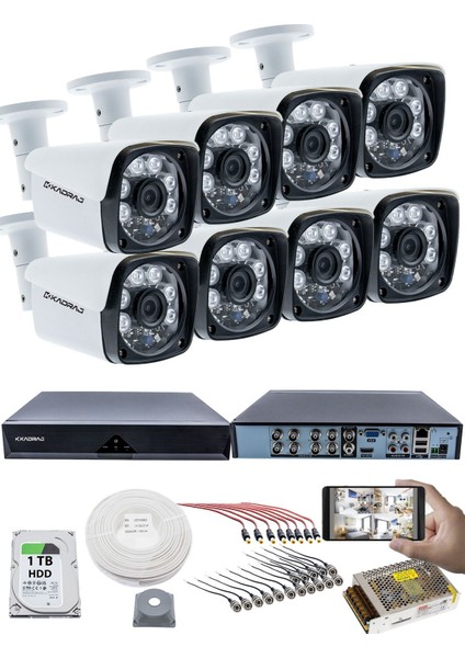 8'li Kamera Seti - 5mp Sony Seculensli 1080P Full Hd, 6 Atom Led, Ahd Güvenlik Kamerası Seti, Gece Görüşlü, Metal Kasa