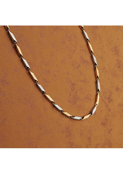 Beyaz Sarı Çizgili Ince Erkek Çelik Kolye Zincir Takı K24 T5