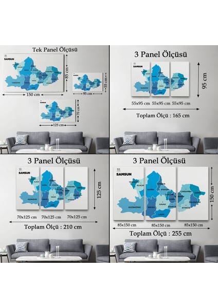 1 Parça Samsun Ili ve Ilçeler Haritası Dekoratif Kanvas Duvar Tablosu 1447 Modern Çok Renkli Kanvas