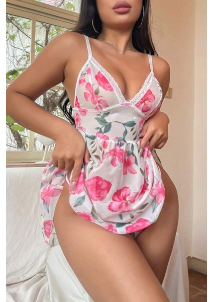 Pembe Çiçek Desenli Dantel Detaylı Gecelik 15706