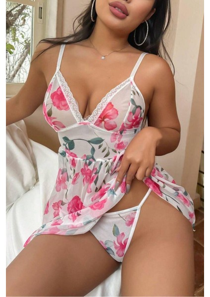 Pembe Çiçek Desenli Dantel Detaylı Gecelik 15706