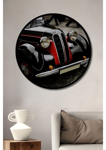 Tekno Trust Mdf Dekoratif Ahşap Tablo Retro Araba Sanat Araba 3 Boyutlu Şık Yuvarlak Duvar Dekorasyon Tablosu M