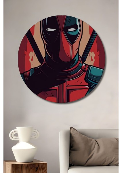 Tekno Trust Modern Ahşap Modern Dekoratif Deadpoll Duvar Daire Şeklinde Dekorasyon Tablosu Beyaz Ahşap Çerçeve