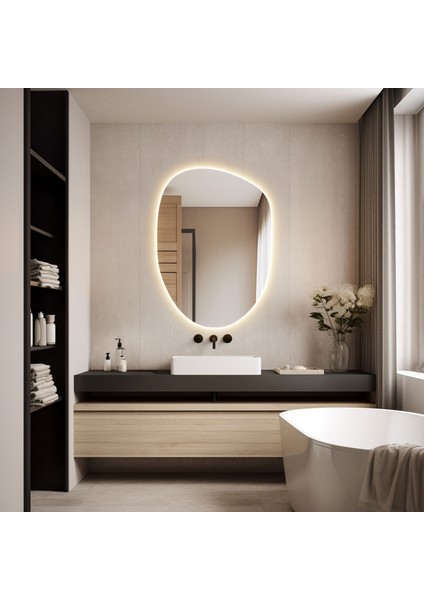 Gün Işığı Ledli Modern Banyo Aynası, Asimetrik Tasarımlı Duvar Aynası, LED Aydınlatmalı Tuvalet Aynası