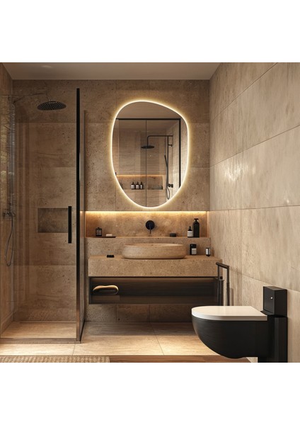 Gün Işığı Ledli Modern Banyo Aynası, Asimetrik Tasarımlı Duvar Aynası, LED Aydınlatmalı Tuvalet Aynası