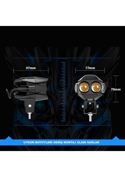 Motosiklet Çift Göz LED Lazer Sis Farı 2 Adet Delici Beyaz Sarı Çift Renk 12-80 Volt