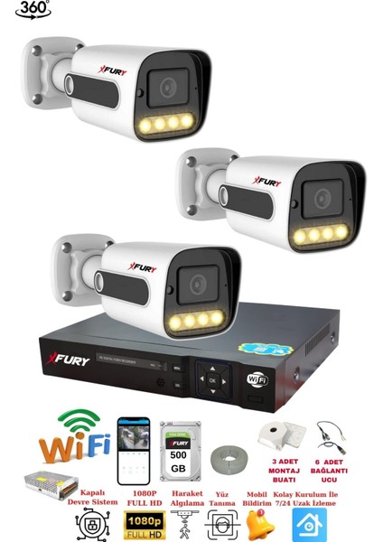 3 Kamera 1080P Görüntü Gece Renkli Full Hd 4xultra LED Gece Renkli Güvenlik Kamera Seti 500GB