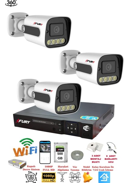 3 Kamera 1080P Görüntü Gece Renkli Full Hd 4xultra LED Gece Renkli Güvenlik Kamera Seti 500GB fiyatları