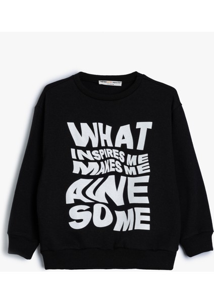 Sweatshirt Slogan Baskılı Bisiklet Yaka Uzun Kollu