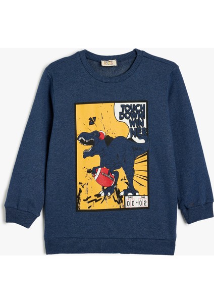 Sweatshirt Dinozor Baskılı Bisiklet Yaka Uzun Kollu Şardonlu