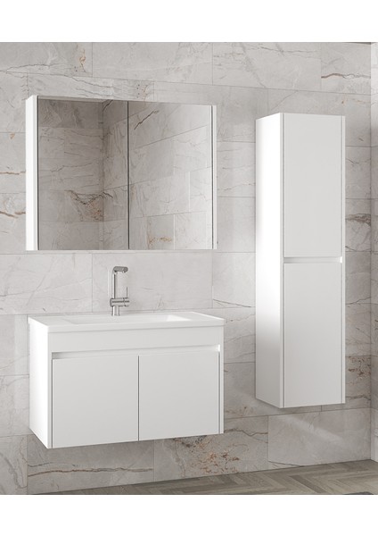 Estella-Ea Beyaz 80+35 cm Mdf-Aynalı Boy Dolaplı-Lavabolu Banyo Dolabı-Hazır Kurulu