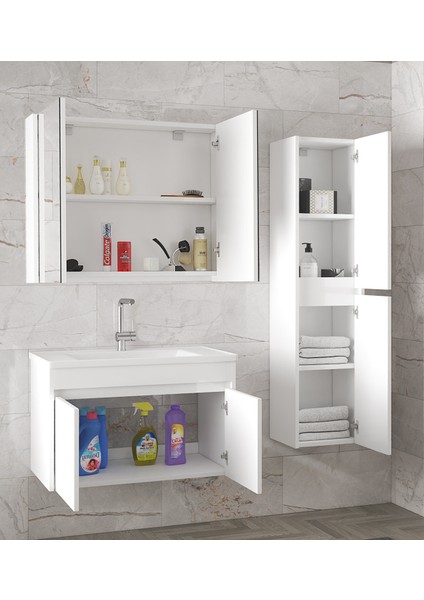 Estella-Ea Beyaz 80+35 cm Mdf-Aynalı Boy Dolaplı-Lavabolu Banyo Dolabı-Hazır Kurulu fiyatları