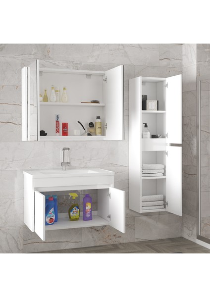 Estella-Ea Beyaz 80+35 cm Mdf-Aynalı Boy Dolaplı-Lavabolu Banyo Dolabı-Hazır Kurulu fırsatları