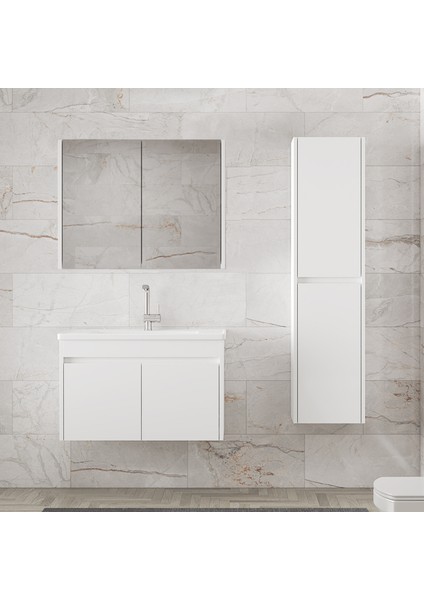 Estella-Ea Beyaz 80+35 cm Mdf-Aynalı Boy Dolaplı-Lavabolu Banyo Dolabı-Hazır Kurulu indirimleri