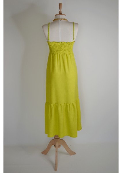 Kadın Uzun Göğüs Kısmı Örme Detaylı Kalp Yaka Keten Kloş Elbise Plaj Elbisesi Yeşil Siyah fiyatları