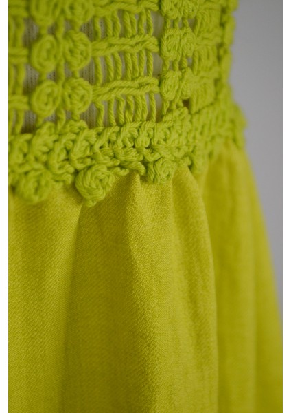 Kadın Uzun Göğüs Kısmı Örme Detaylı Kalp Yaka Keten Kloş Elbise Plaj Elbisesi Yeşil Siyah modelleri