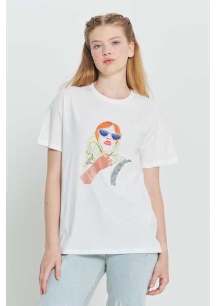 Pamuk Oversize Fit Bol Kesim Baskılı Bisiklet Yaka Tişört