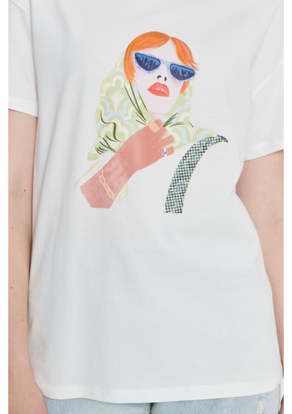 Pamuk Oversize Fit Bol Kesim Baskılı Bisiklet Yaka Tişört fırsatları