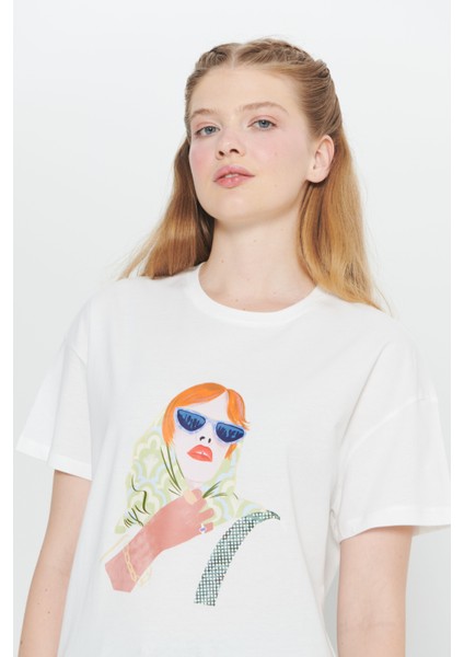 Pamuk Oversize Fit Bol Kesim Baskılı Bisiklet Yaka Tişört indirimleri