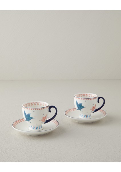 English Home Carnaval Birds New Bone China Kahve Fincan Takımı 4 Parça 2 Kişilik Mavi