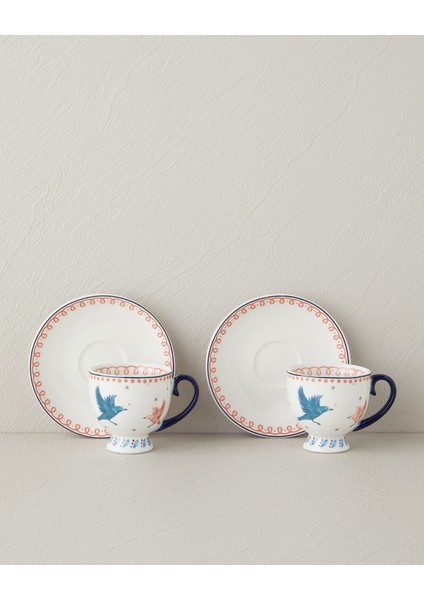 English Home Carnaval Birds New Bone China Kahve Fincan Takımı 4 Parça 2 Kişilik Mavi