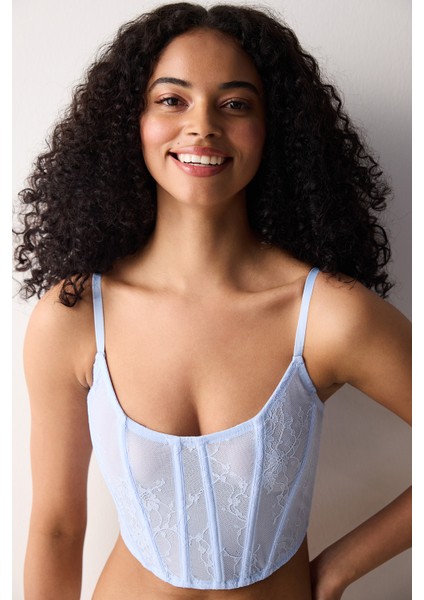 Mavi Bustiyer Kadınlar İçin Dantel Detaylı Yüksek Destekli Rahat Tasarım