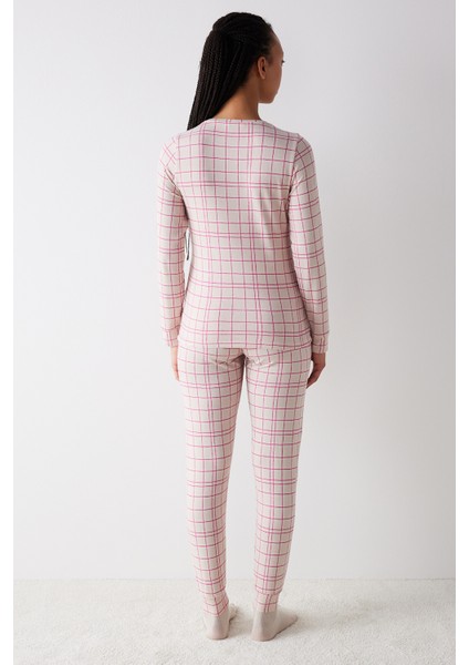 Checked Termal Gri Pantolon Pijama Takımı