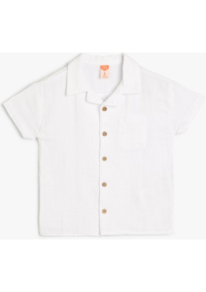 Müslin Gömlek Dokulu Düğme Detaylı Klasik Yaka Cepli