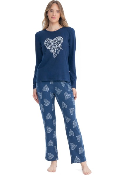 Kadın Lacivert Yuvarlak Yaka Pijama Takımı