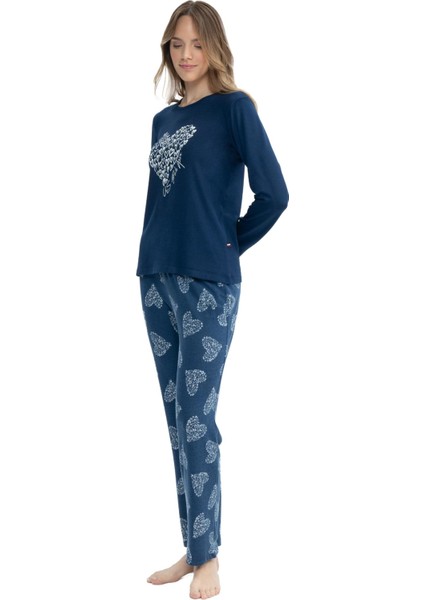 Kadın Lacivert Yuvarlak Yaka Pijama Takımı